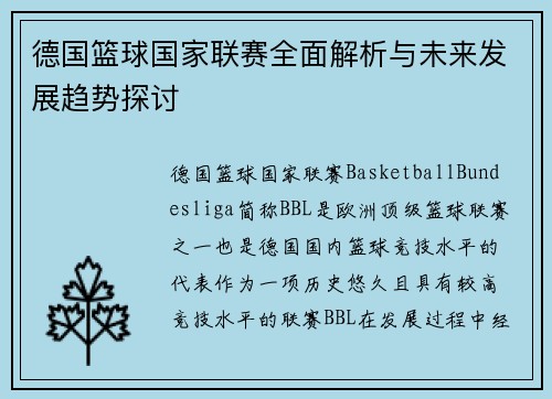 德国篮球国家联赛全面解析与未来发展趋势探讨